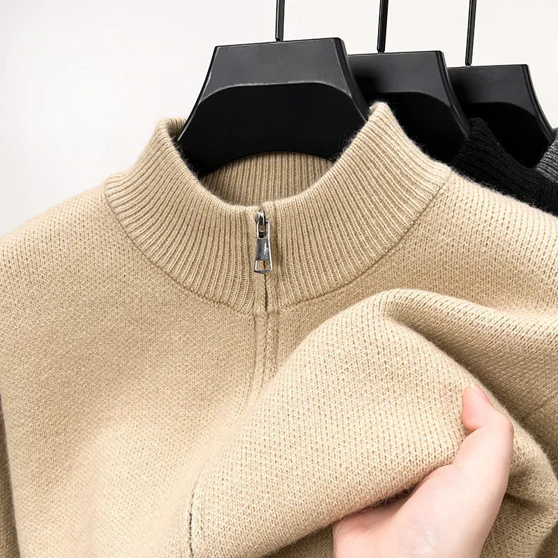 Men's thick stand collar knitted cardigan with zipper front in loose fit showing black, grey and beige colour options
