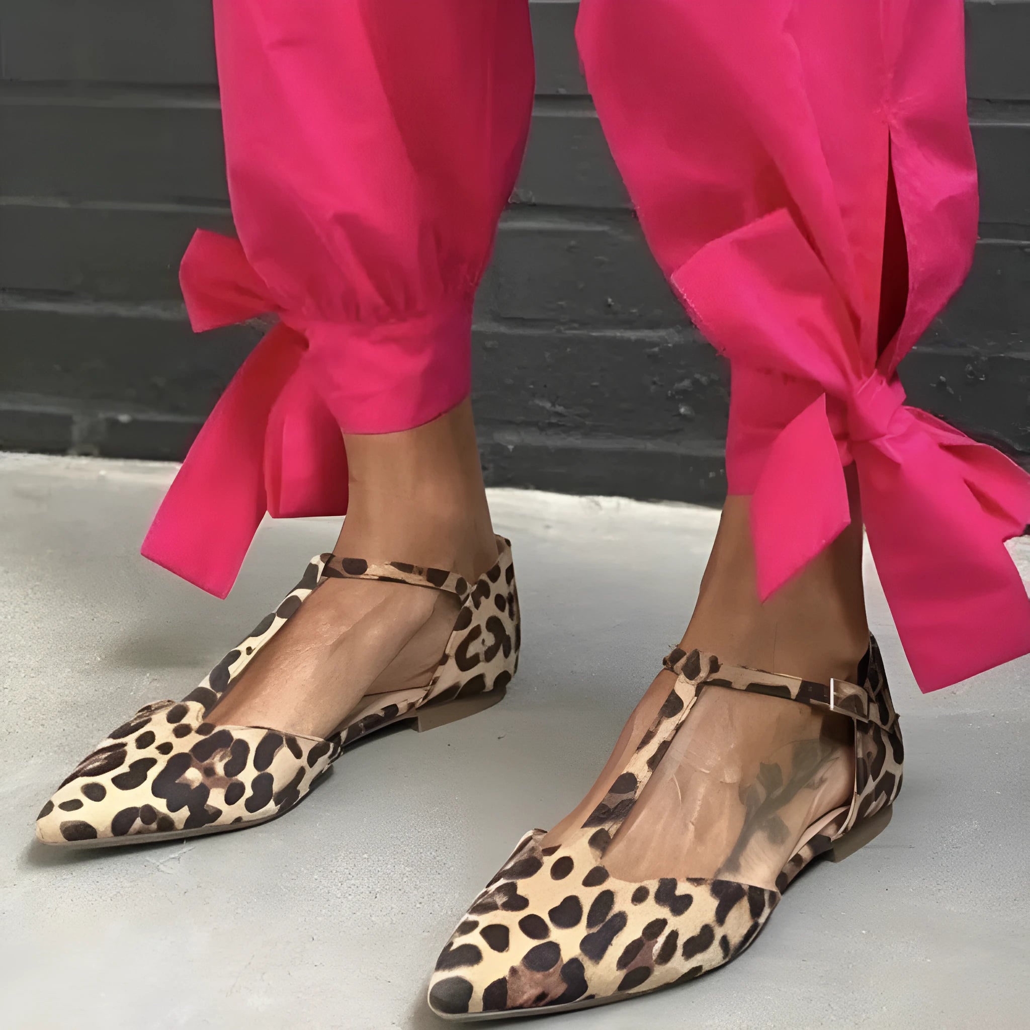 Women's leopard print pointed toe pumps with chunky low heel and cross ankle straps