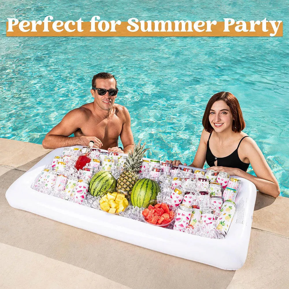 Inflatable white ice bar for parties with cup holders, shown at full size after inflation.