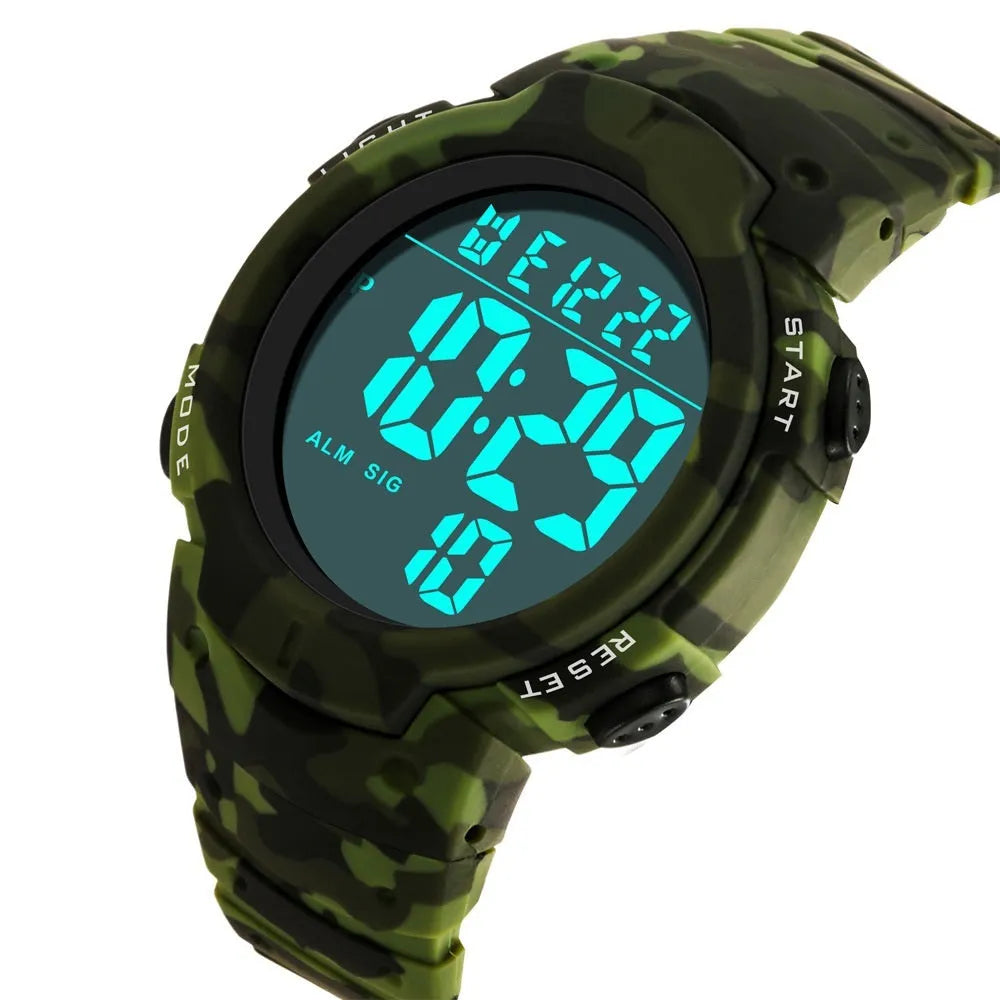 Multi-functional waterproof sports electronic watch with plastic band and stainless steel buckle on wrist
