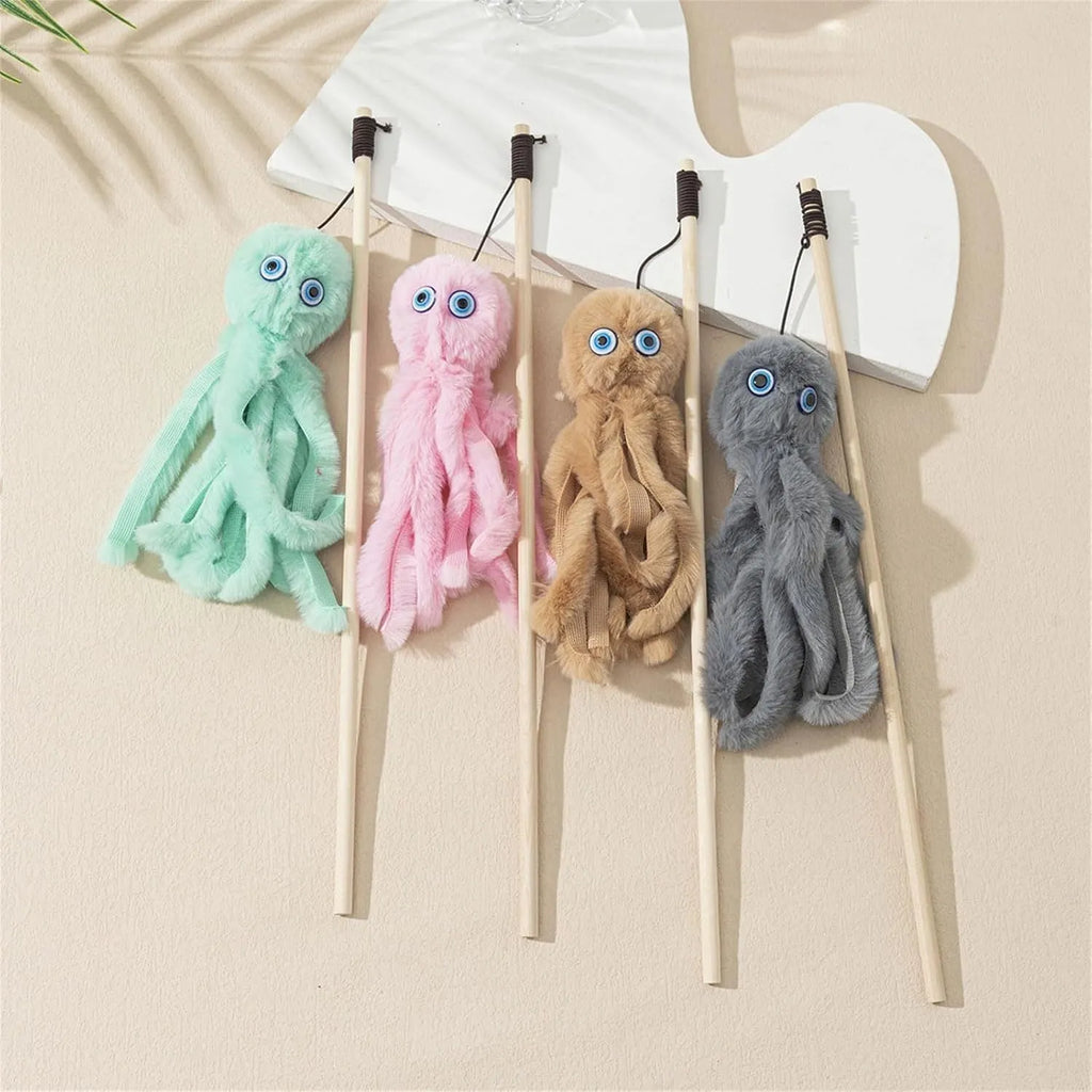 Octopus cat toy on 40cm stick in bright colours for indoor feline entertainment