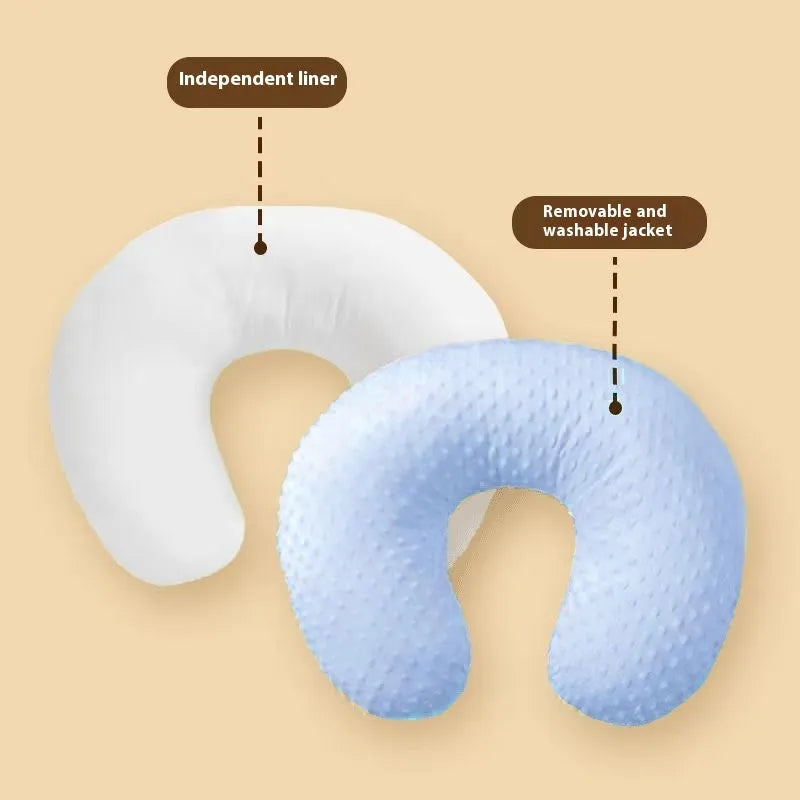 Multifunctional nursing pillow with spill prevention in pink, yellow, grey, or light blue colour options.