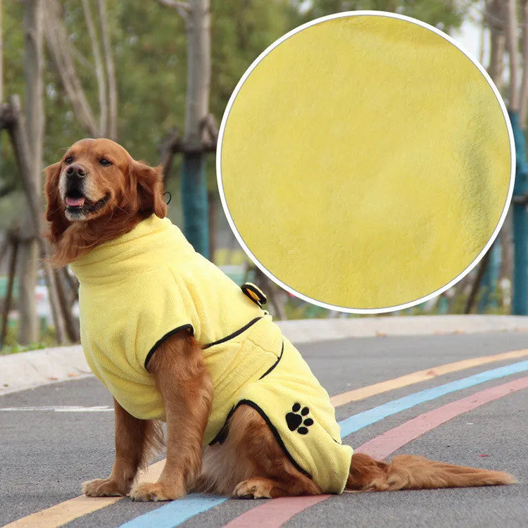 Yellow coral fleece pet embroidered bathrobe pajamas for dogs, size XS to 2XL, soft absorbent fabric