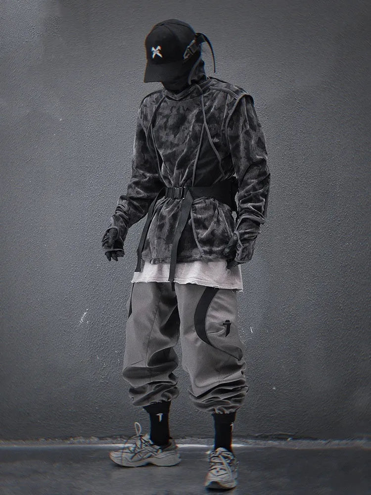 Men's black tie dye printed sweater with finger turtleneck collar and drop shoulder sleeves