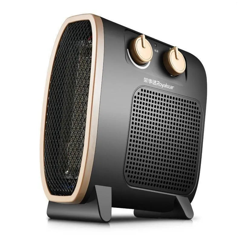 Compact white electric fan heater with mechanical control knobs on a wooden floor.