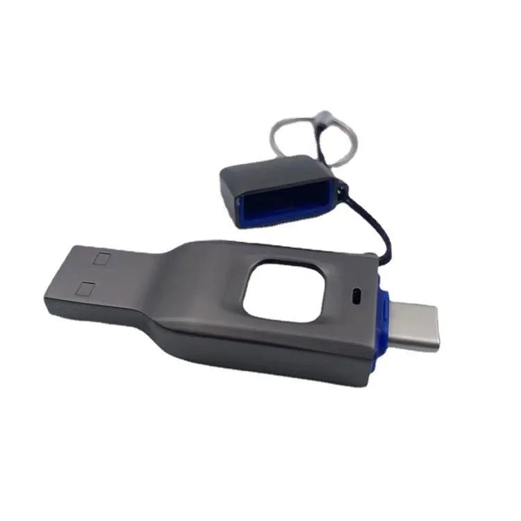 Black metal fingerprint USB flash drive with USB 3.0 and USB-C connectors for encrypted data storage