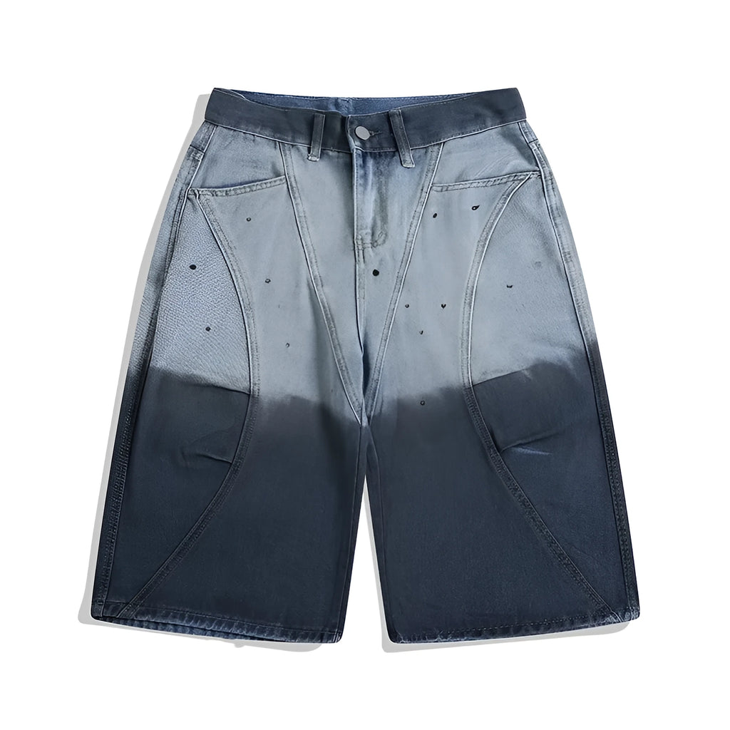 Blue tie-dye gradient washed-out cropped jeans with loose fit and mid waist