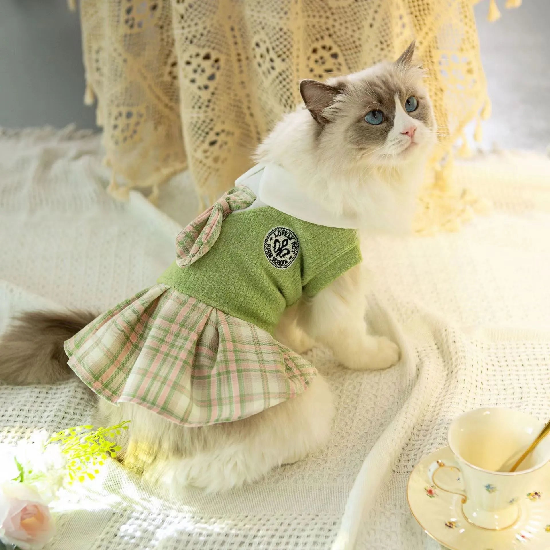 Blue tartan princess-style skirt for dogs and cats on a mannequin