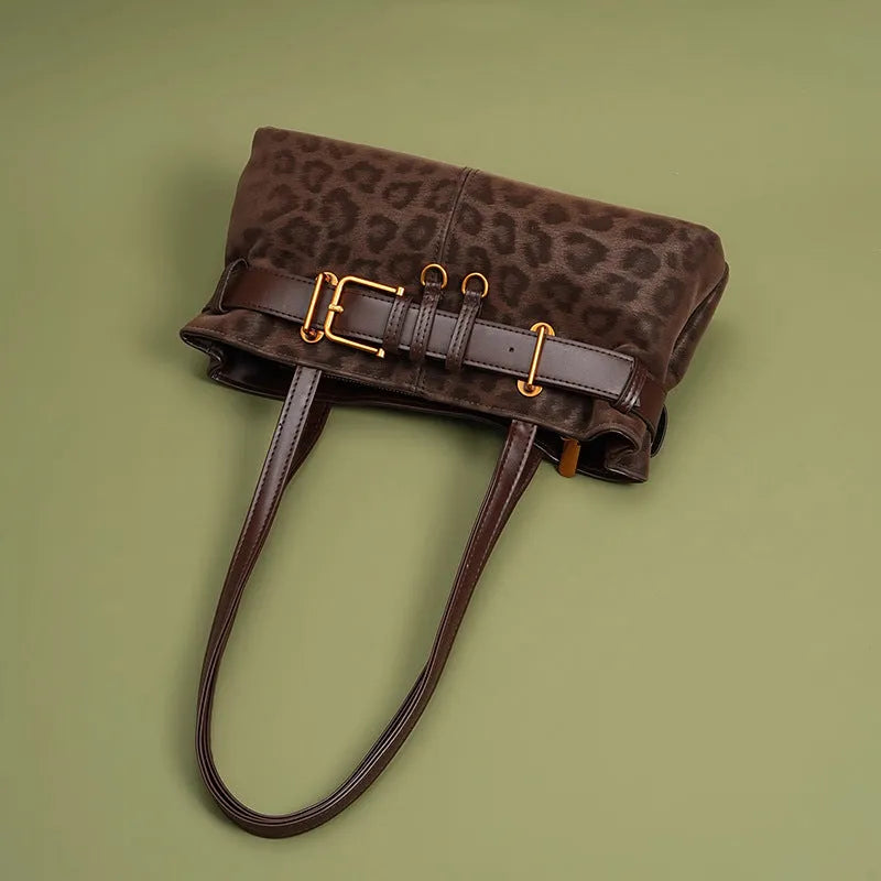 Retro leopard print PU shoulder bag in brown, compact horizontal square shape with double straps, 30x15x10cm.