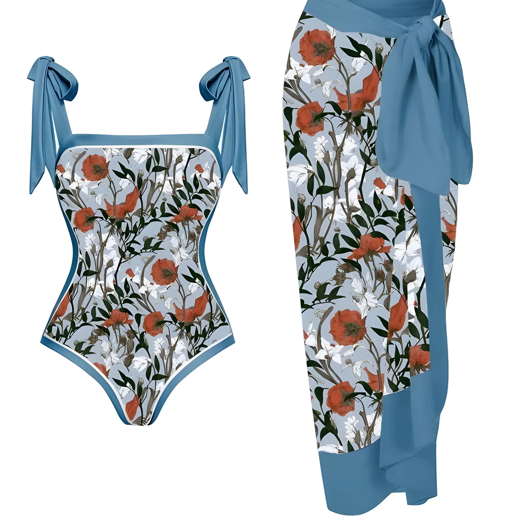 Women's printed polyester two-piece swimsuit with chiffon hip skirt in multiple colour options