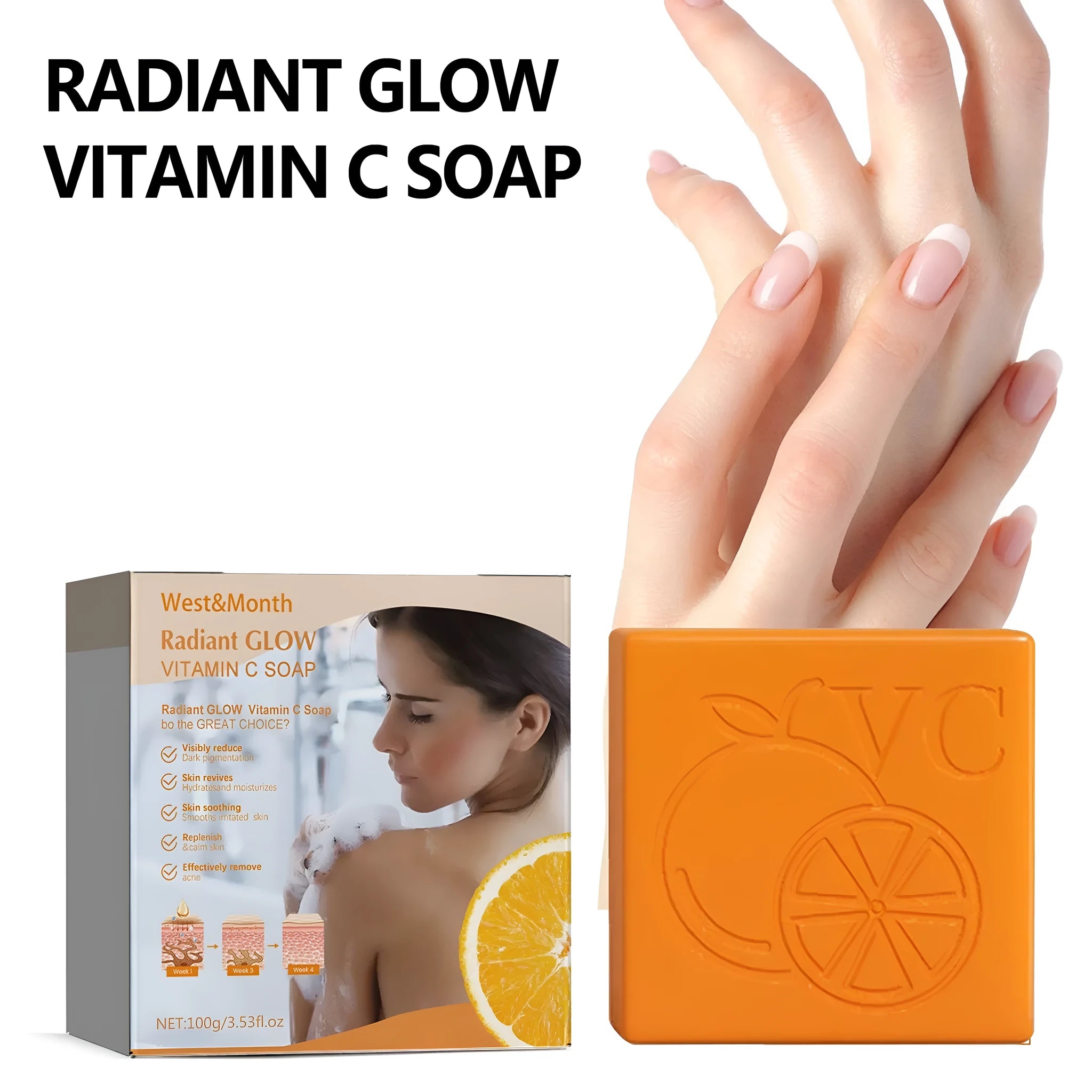 100g solid bar of whitening vitamin body soap with listed active ingredients.