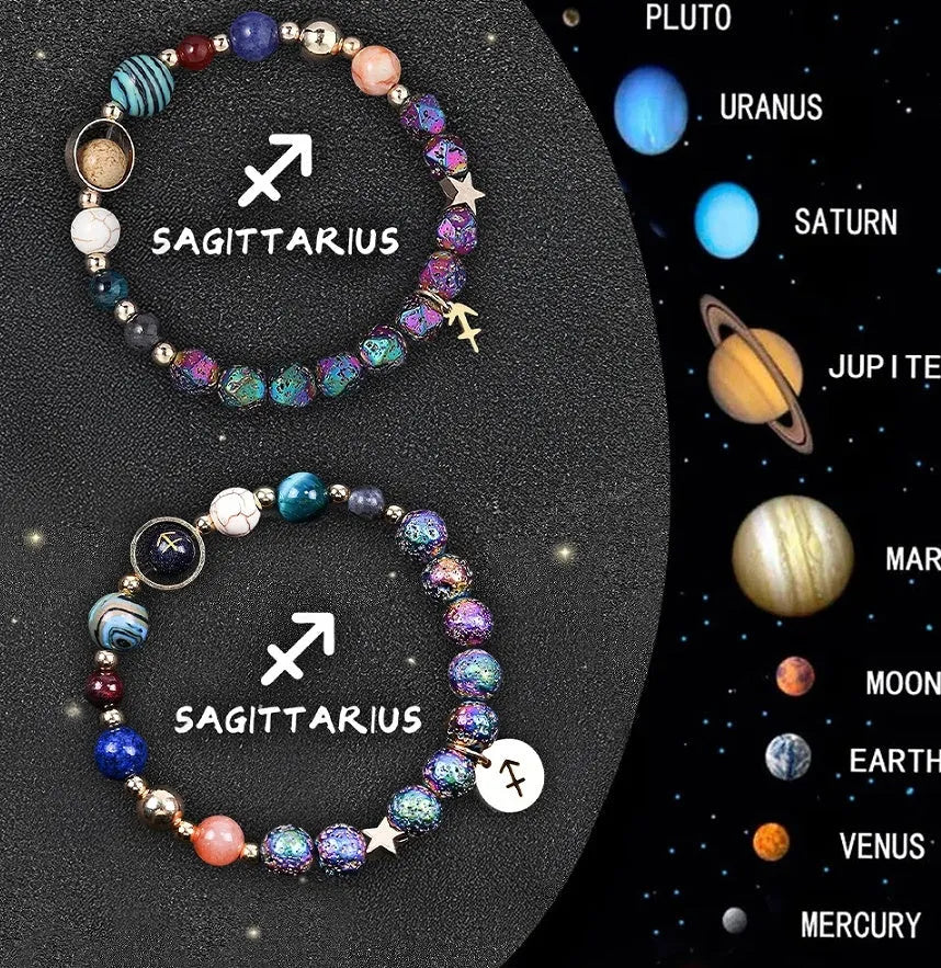 Two natural stone beaded bracelets with adjustable cords on a wooden surface, showing zodiac symbol designs.
