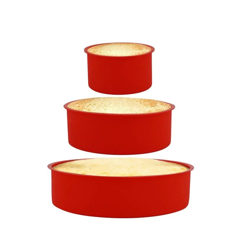 Set of three red round silicone cake baking moulds in 4-inch, 6-inch, and 8-inch sizes.