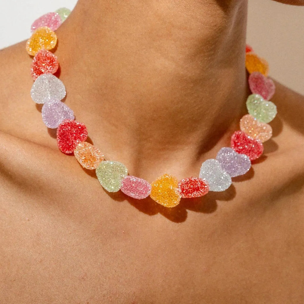 Colored loving heart resin necklace and earrings set with heart-shaped pendant and matching earrings in candy colours