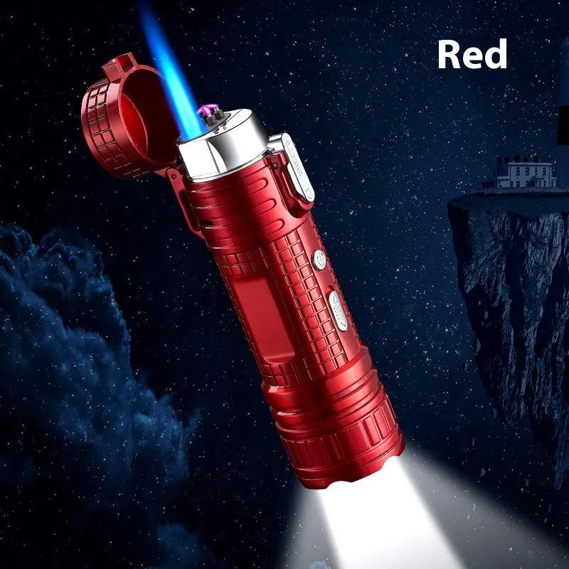 TH727 multi-function metal flashlight lighter shown in camouflage, red, black, blue, and yellow colour options.