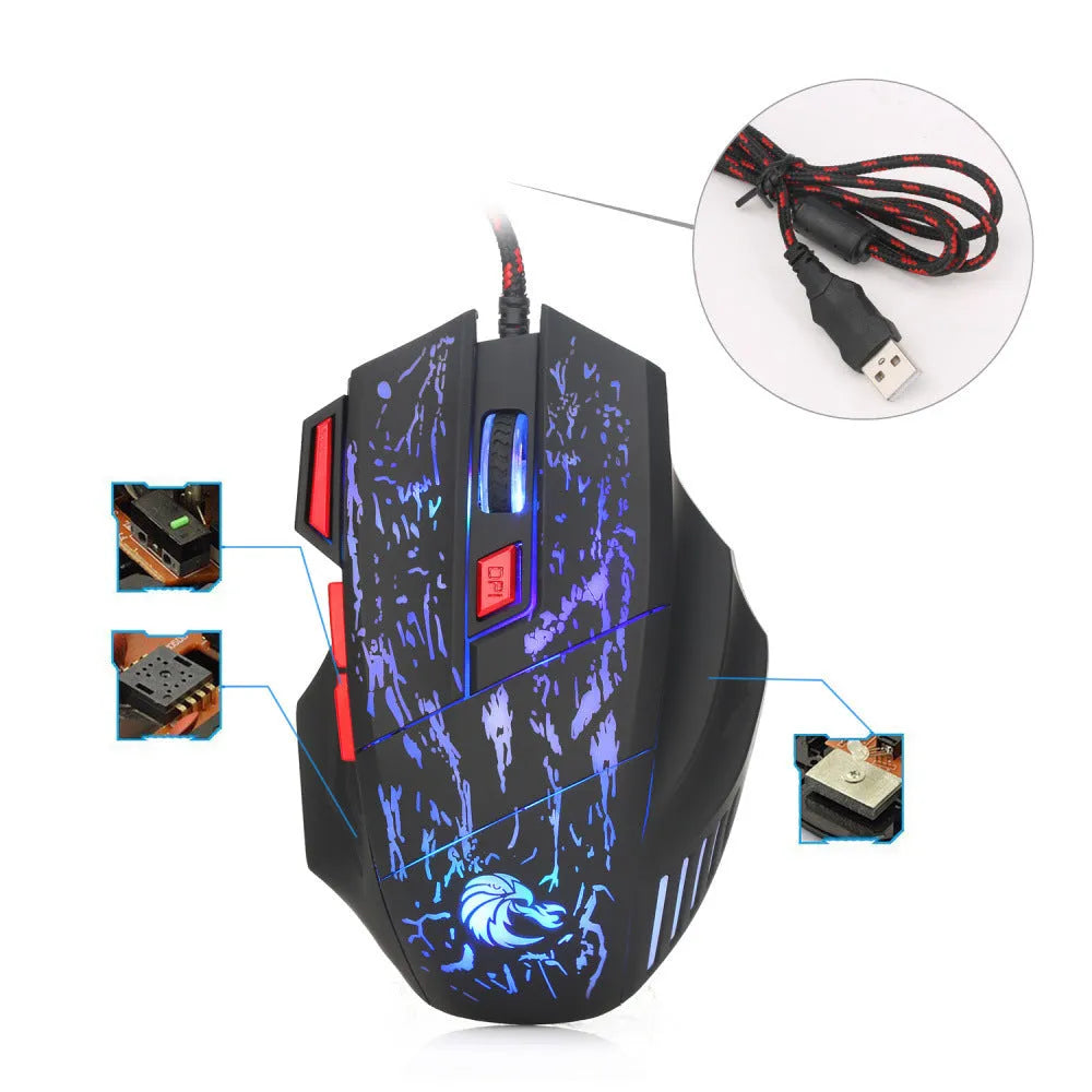 Black wired gaming mouse with colourful luminous lighting effects on desktop