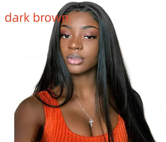 Women's long straight black wig with centre-parted bangs made from high-temperature fibre.