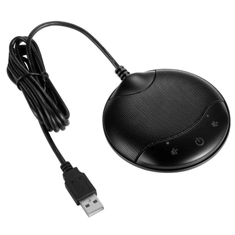 Black USB condenser microphone for conferences and gaming on a desk.