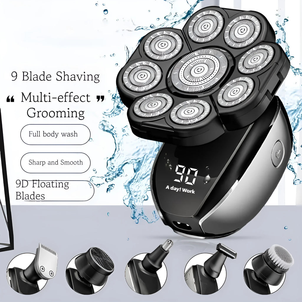 Black rechargeable 6-in-1 hair clipper and grooming kit with multiple attachments laid out.