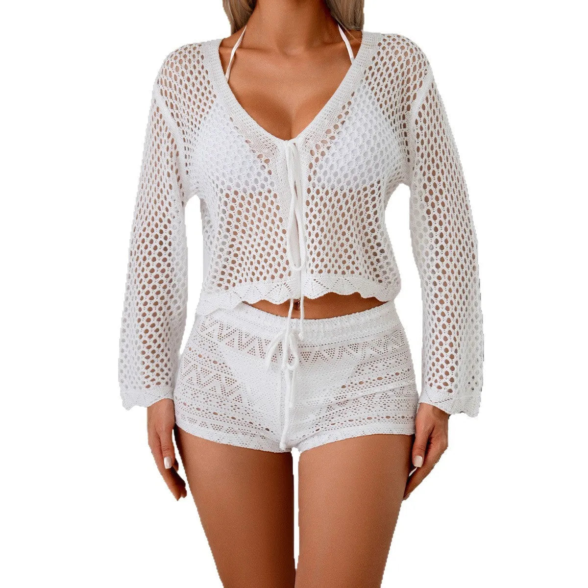 Short women's cardigan blouse with hollow woven texture and bell sleeves in apricot colour