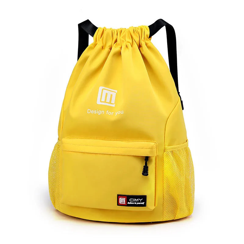 Water-repellent Oxford travel backpack with drawstring closure in black colour showing bucket shape and double shoulder straps