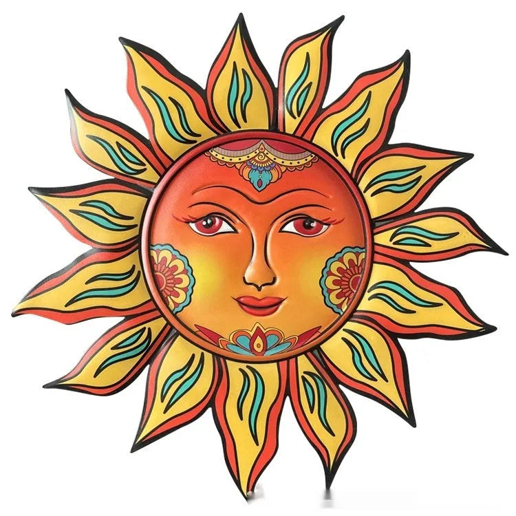 Iron sun face wall hanging decorative craft with detailed rays and 28cm diameter