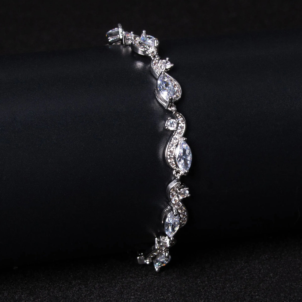 Zircon line bracelet in copper with geometric inlaid design, shown in blue or white for women