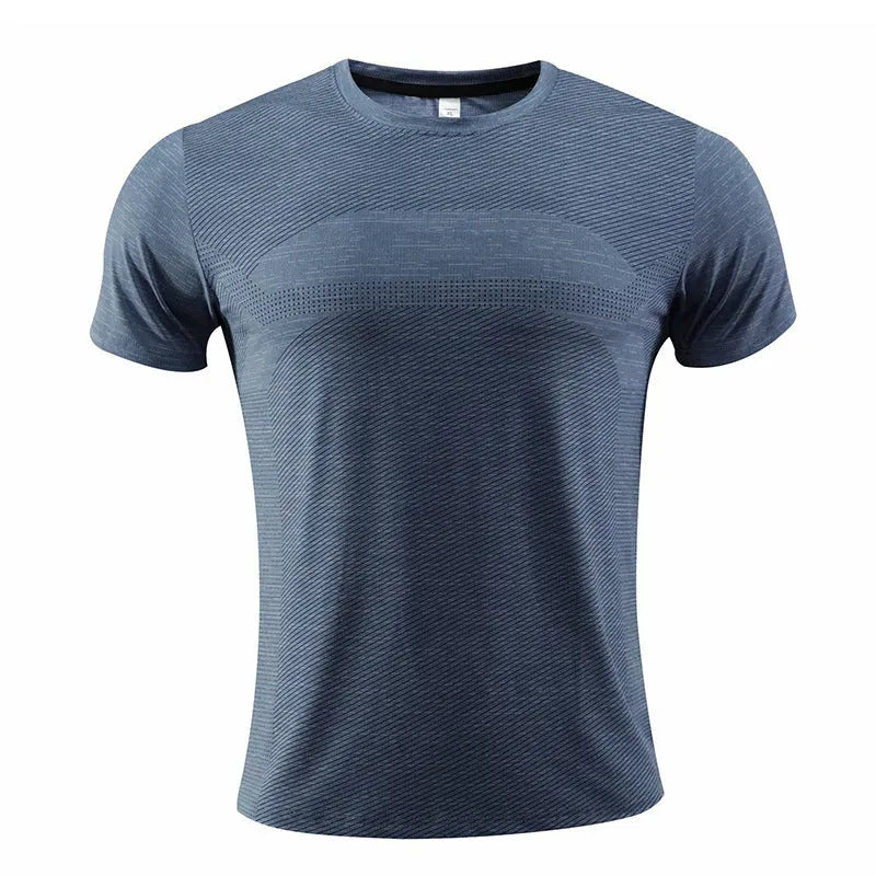 Short-sleeved red running t-shirt made from polyester spandex fabric, laid flat.