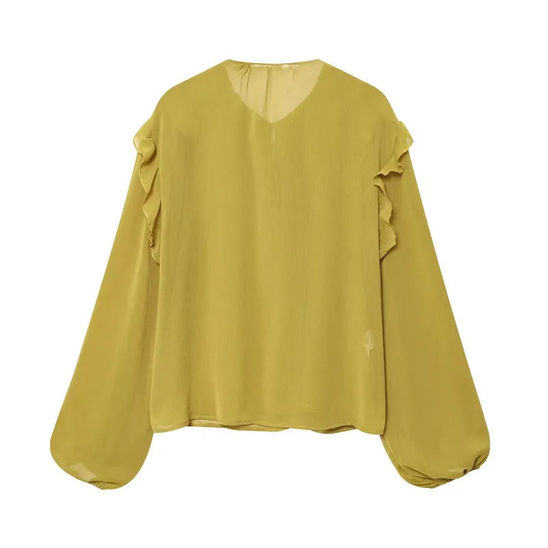 Women's yellow ruffled laminated decorative shirt with printed plants and flowers, button front, long sleeves