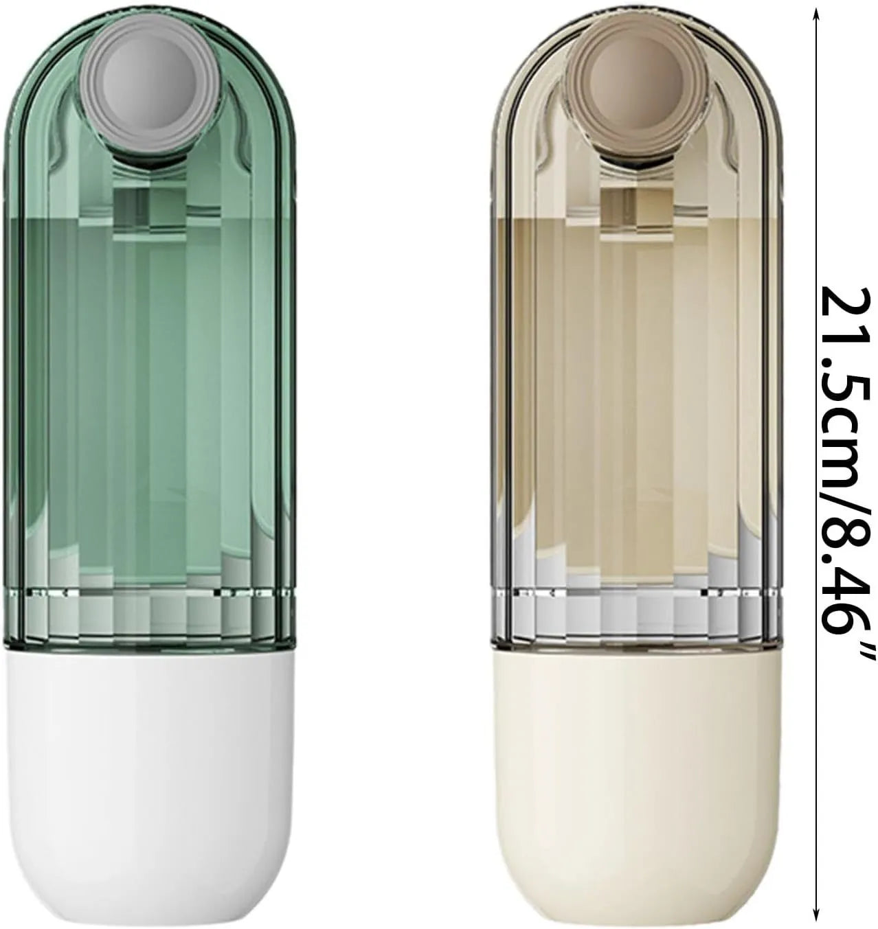 Beige and green foldable dog water bottle with food container, showing scale next to a dog's muzzle.