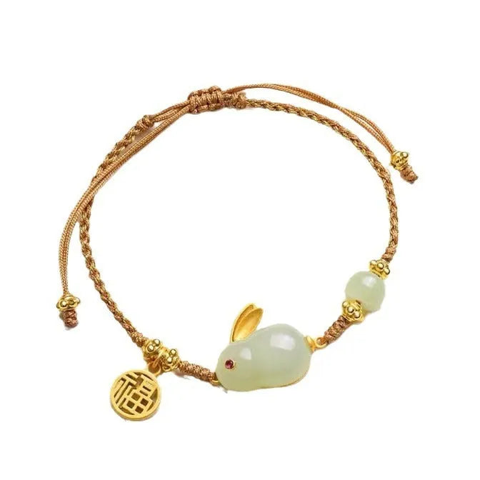 Hetian jade rabbit bracelet with yellow string and geometric charm jewellery for women