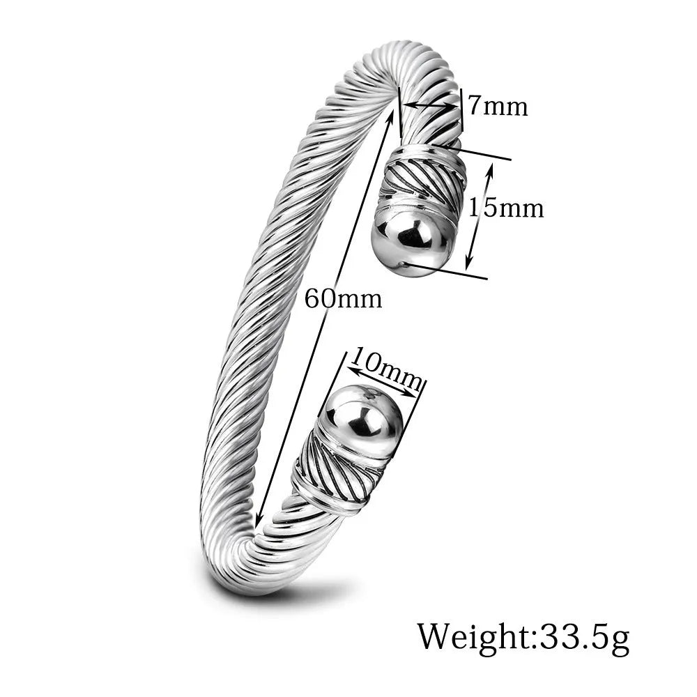 Round titanium steel cable bracelet with 7mm wire opening in gold or steel colour, simple style
