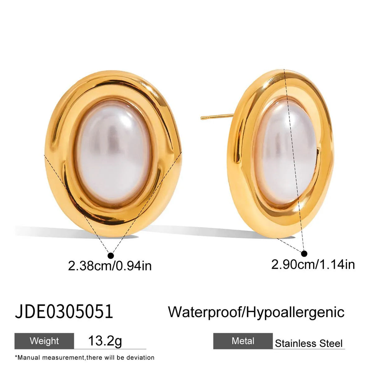 A pair of stainless steel vintage pearl stud earrings for women with a post-back closure.