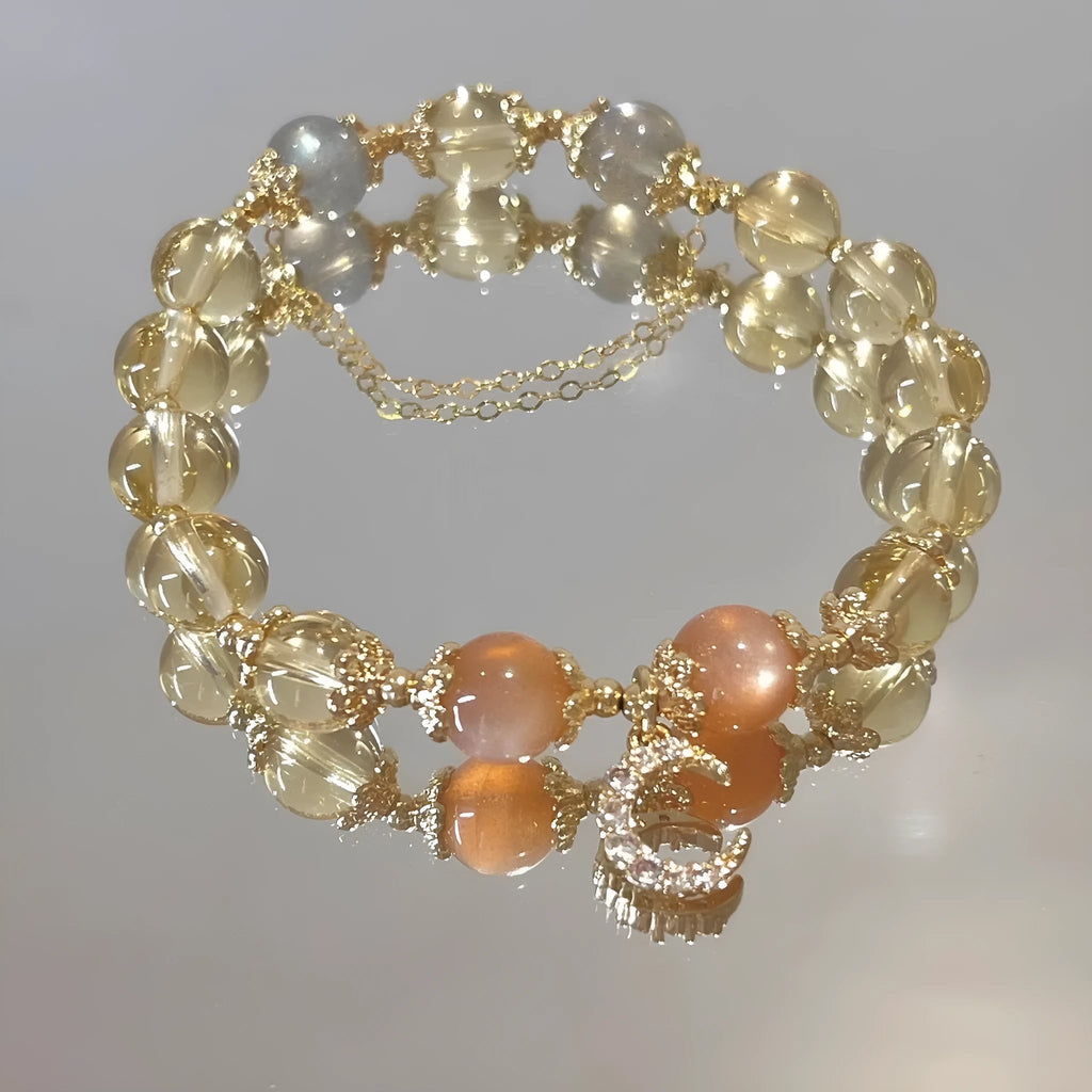 Chinese style moonstone crystal bracelet with 14K gold electroplating and diamond-shaped citrine moon design