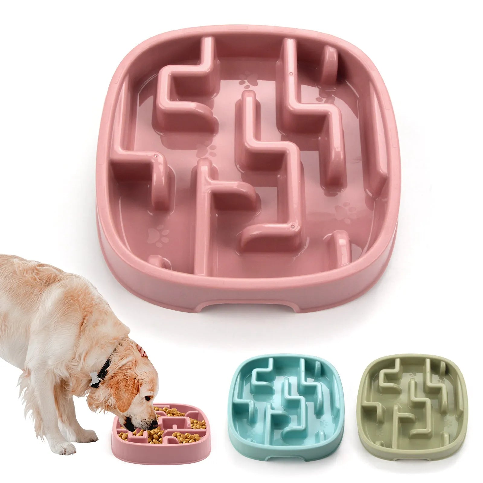 Square macaron-coloured slow feeder bowl with maze pattern for dogs and cats.
