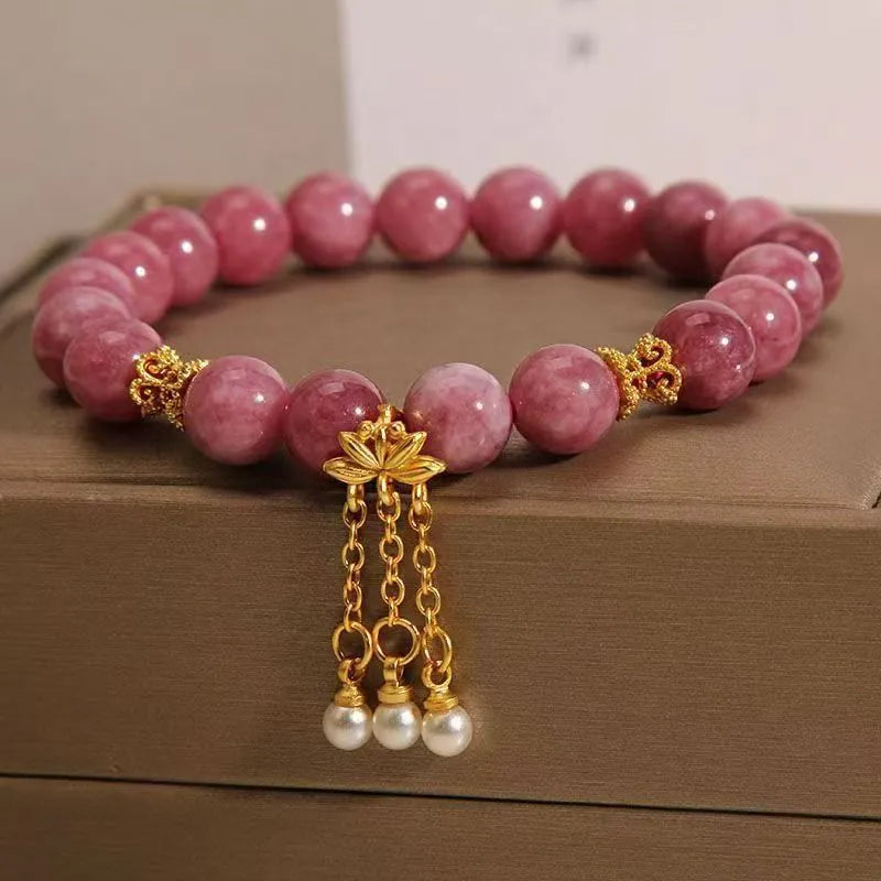 Natural stone bracelet with lotus flower tassel and pearl pendant in pink lotus and crystal beads