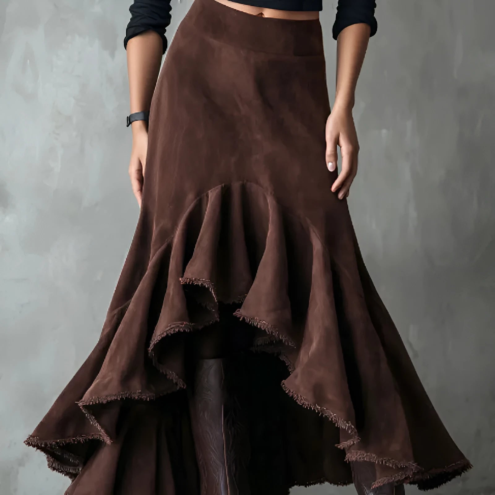Western Brown High-Low Eco Suede Ruffle Maxi Skirt for Women
