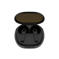 Matte black in-ear Bluetooth headset with active noise reduction on a grey background.