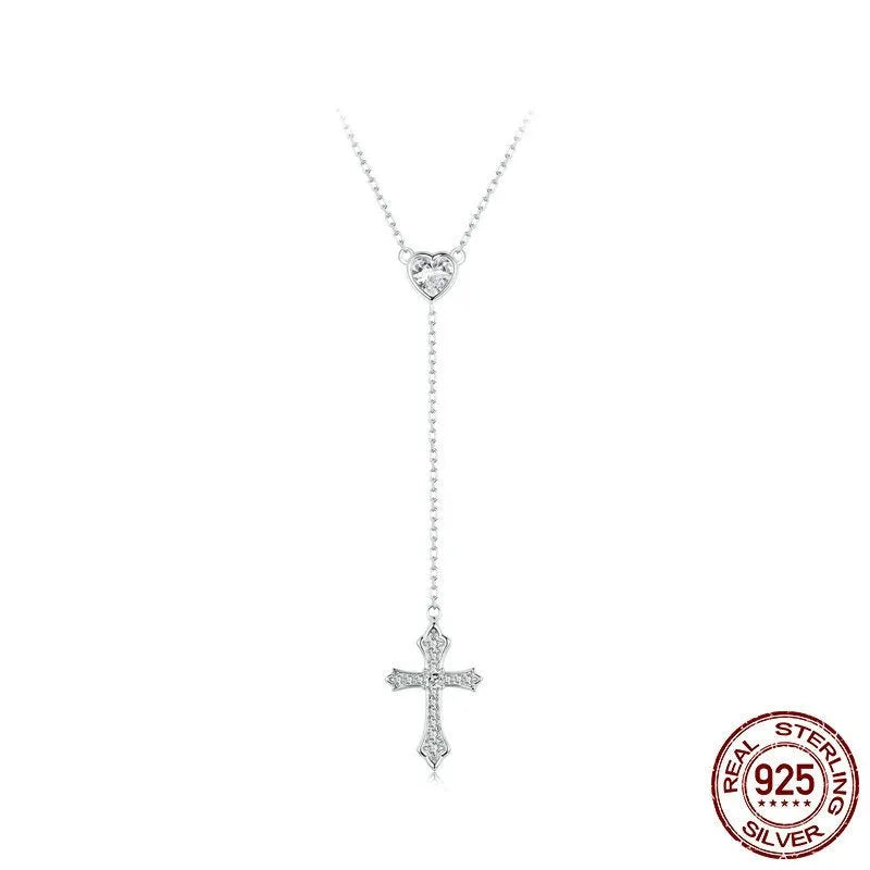 Women's sterling silver V-neck cross necklace on an O-ring chain in BSN384 colour.