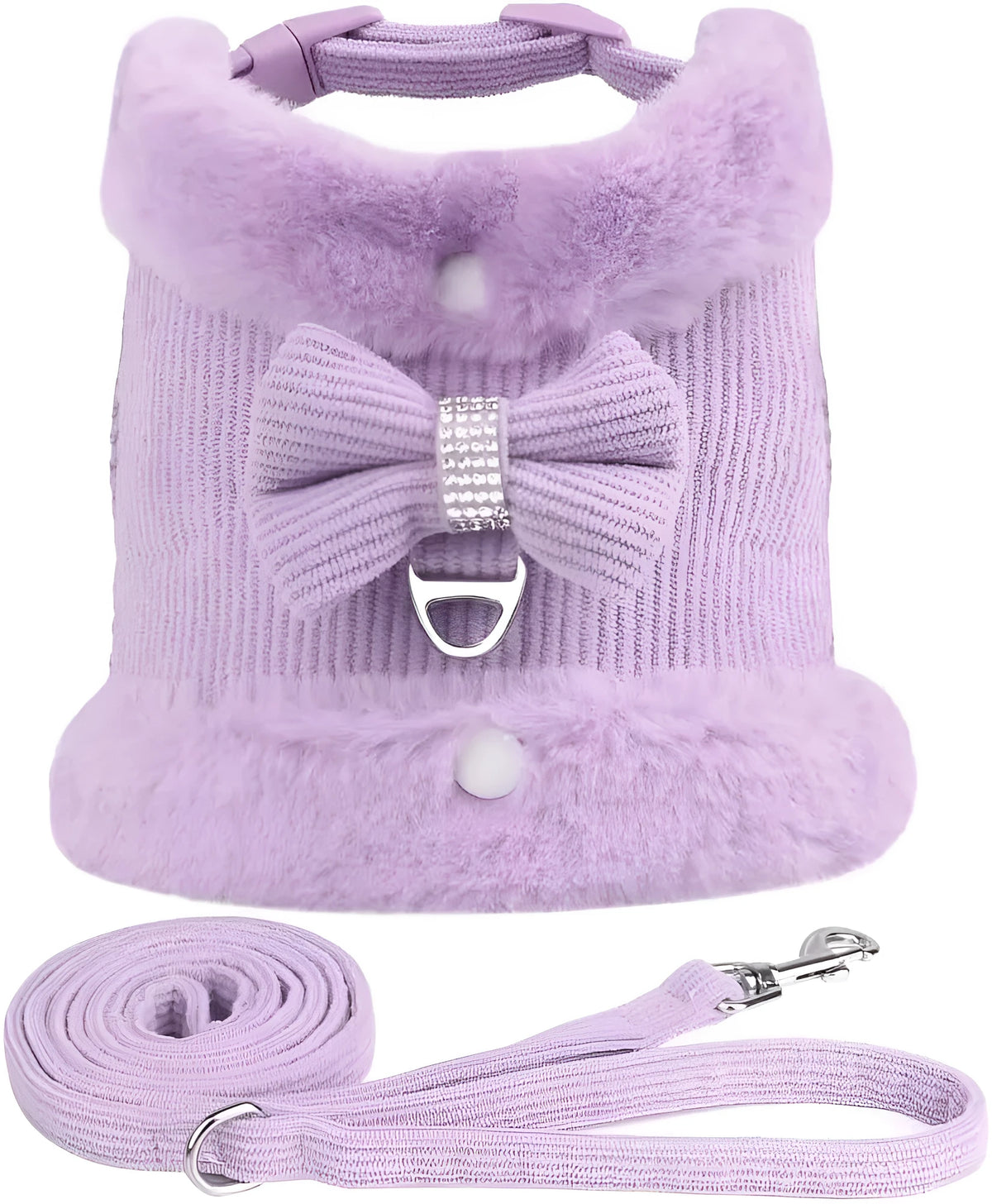 Small dog harness and leash set with bow tie, removable fur collar, padded adjustable harness and 150cm lead
