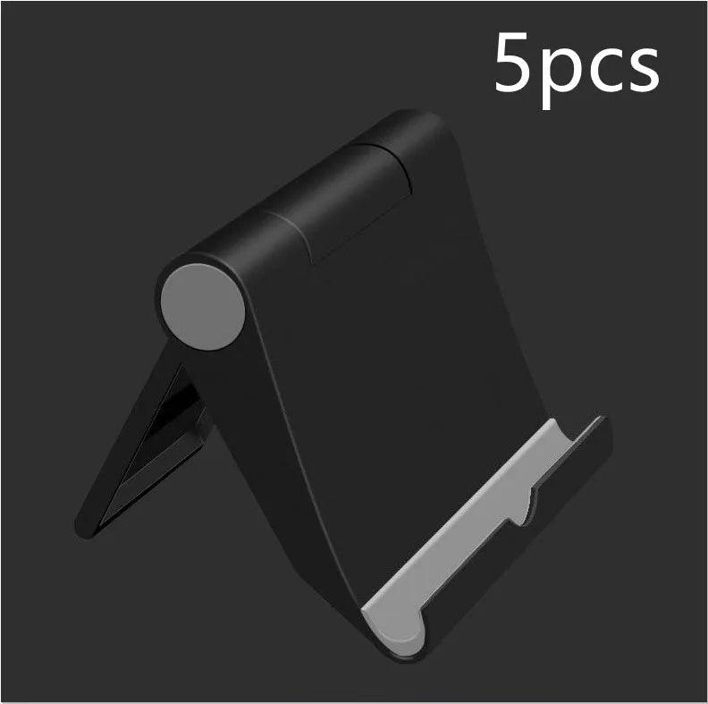 Black PE folding phone and tablet stand with soft rubber backing, shown at an adjustable angle.
