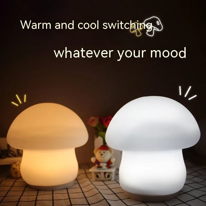 White silicone mushroom night lamp with USB cable showing cold and warm light modes