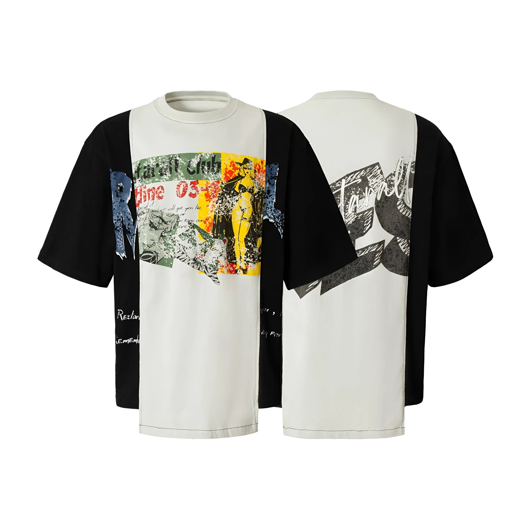 Mens black and white broken collage deconstruction printed cotton blend t-shirt with loose fit short sleeves