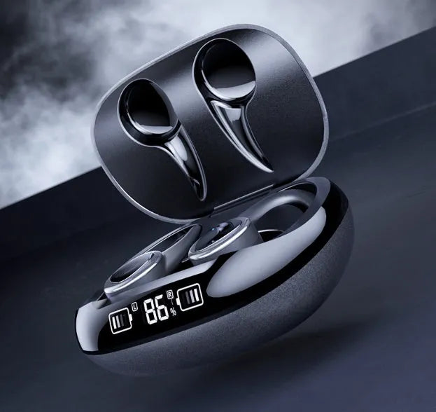 True wireless Bluetooth headset in Black with in-ear noise cancellation design and charging case