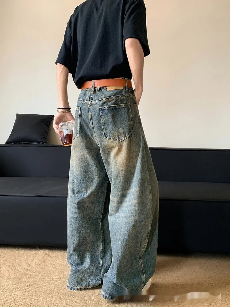 Men's retro blue distressed wide-leg jeans with micro elasticity cotton blend fabric