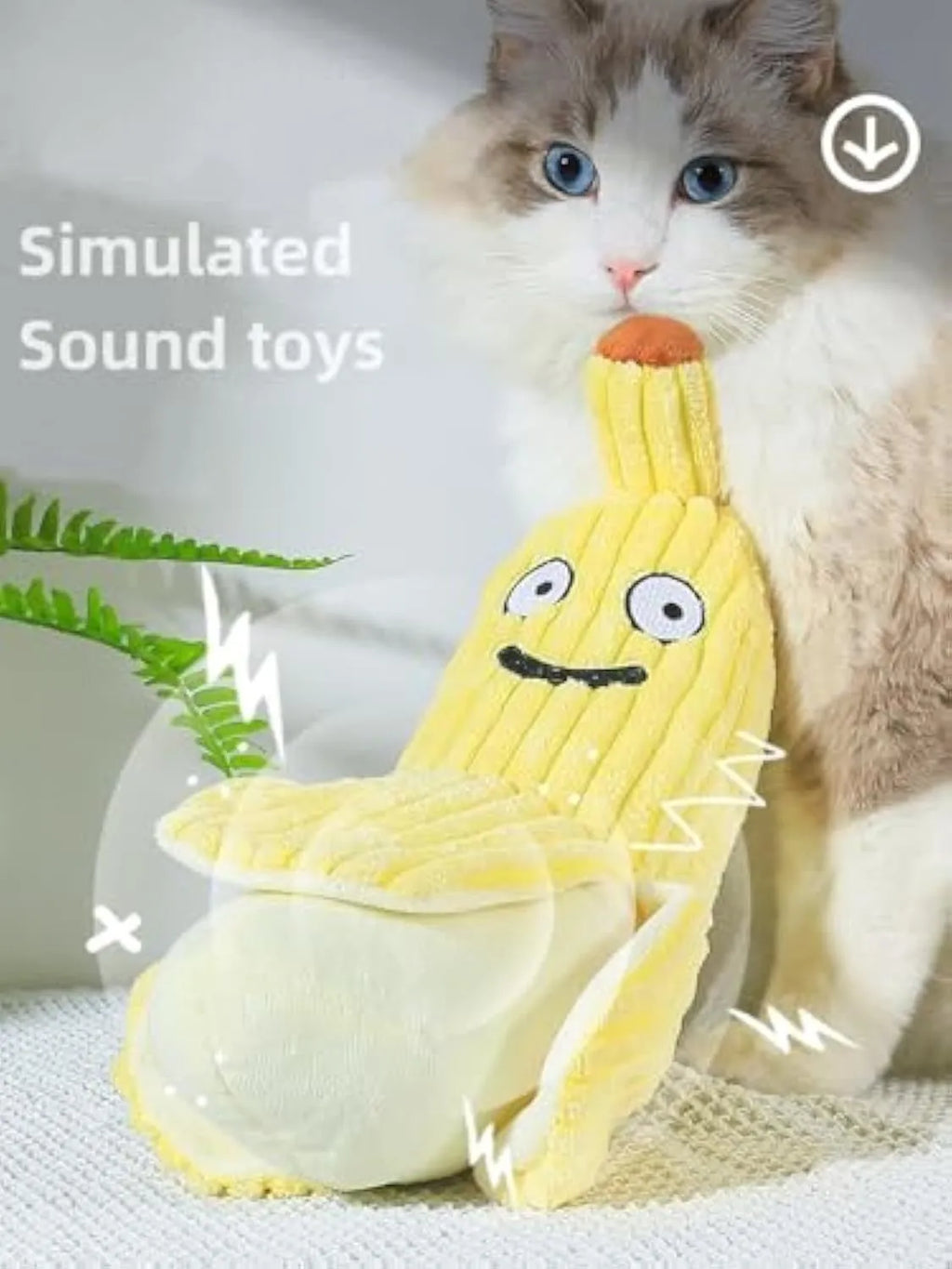 Yellow banana cat toy with crinkle paper and plush fabric for indoor cat play