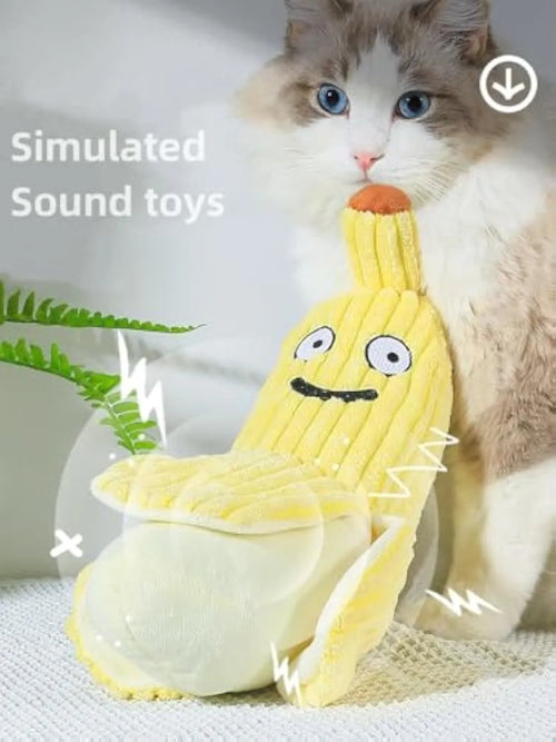 Yellow banana-shaped cat toy with plush fabric and crinkle paper inside
