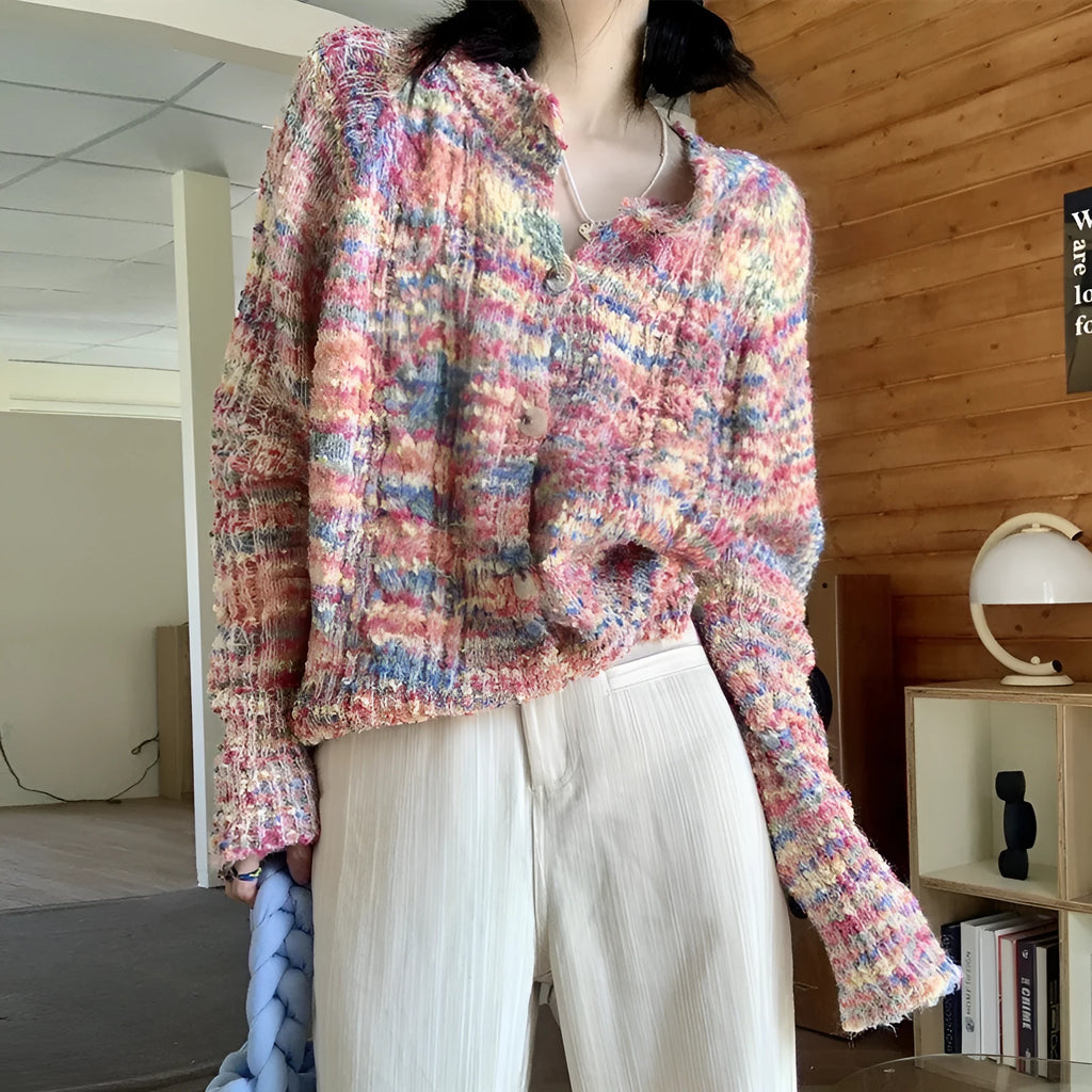 Retro rainbow knitted cardigan in pink and green ice cream colours, slim fit.