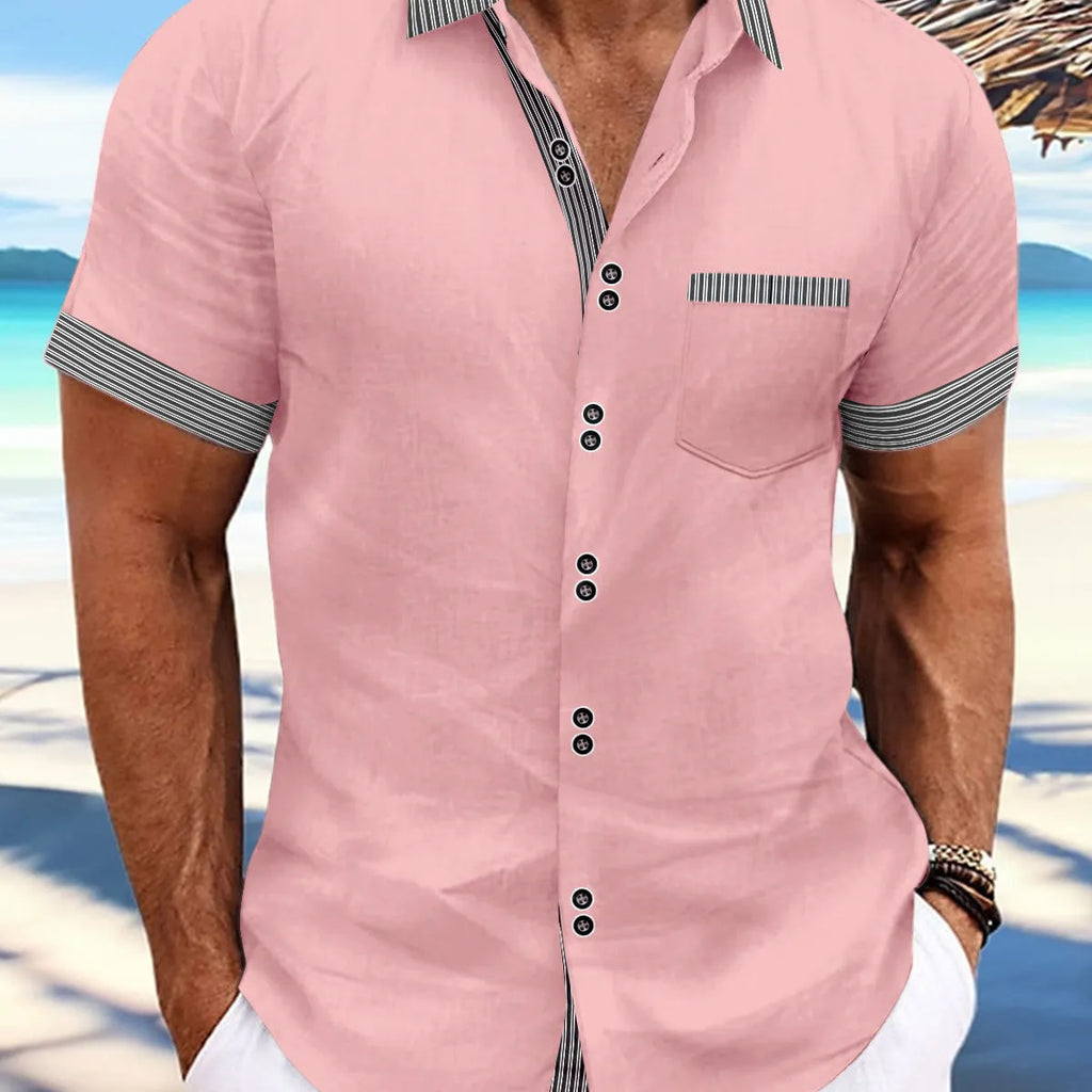 Men's slim fit pure cotton striped casual short sleeve shirt on a hanger
