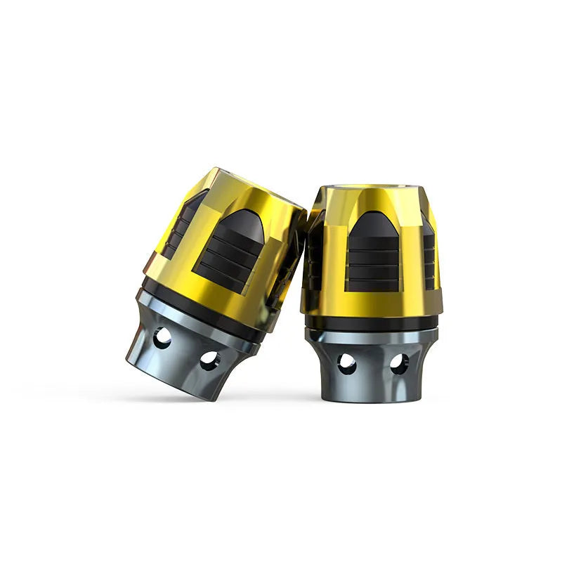 A pair of anodised aluminium alloy fork cups for motorcycle or electric car front axles.
